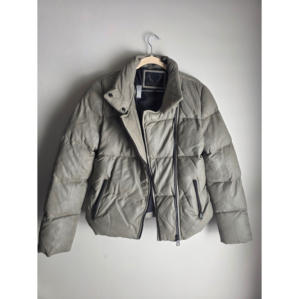 Bod & Christensen Leather Puffer Jacket Sage Green Asymmetrical Zip Sorona Large